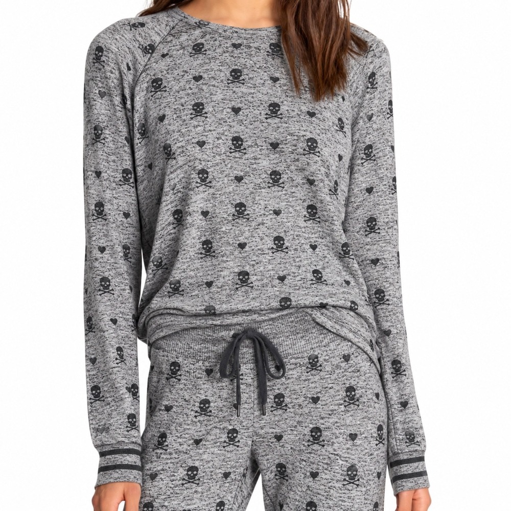 PJ Salvage XS Skull Heart Print Pajama Set Long Sleeve Y2K Grunge Punk Lounge